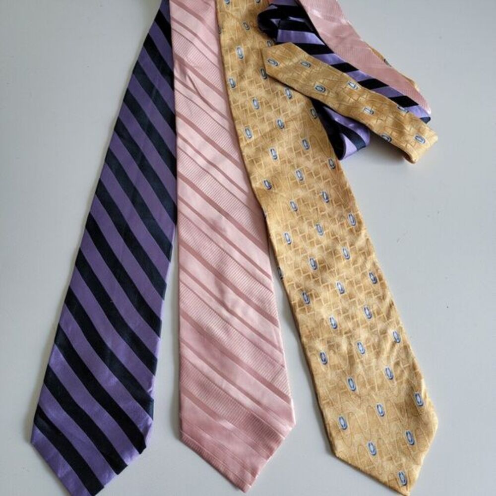 3 Murano 100% Silk Bold Geometric Striped Neck Ties 58.5x4 Pink Purple Gold